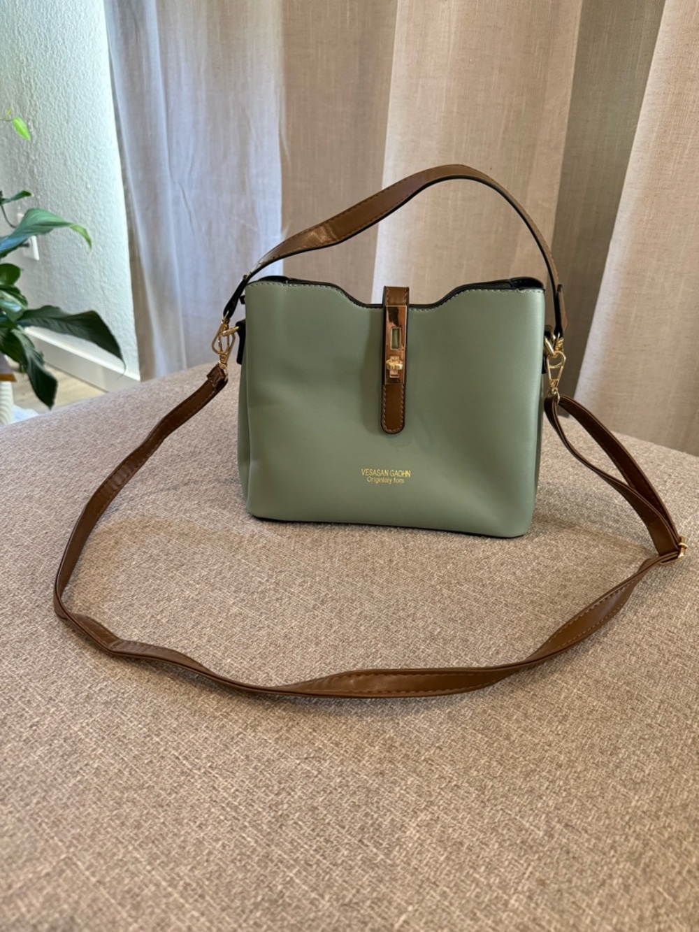 Sage Green Crossbody Bag Gold Lock Minimalist Structured Purse